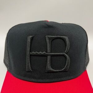 HB Huntington Beach California Red Black Trucker Hat Black Puff Embroidered
